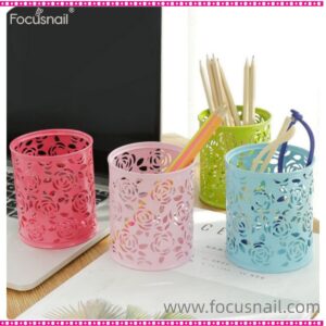 Round Pencil Pot Hollow Flower Pattern Openwork Grid Design Office Pen Holder Stationery Multifunction Storage Brush