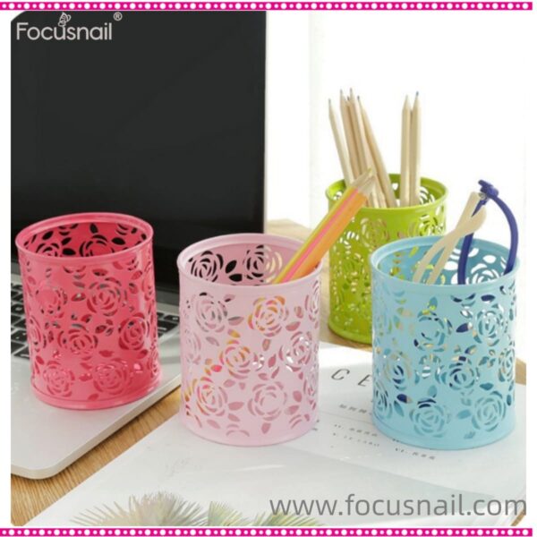 Round Pencil Pot Hollow Flower Pattern Openwork Grid Design Office Pen Holder Stationery Multifunction Storage Brush