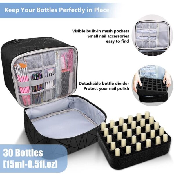 Nail Polish Organizer with UV Light Storage Double-layer Nail Polish Carrying Case Holds 30 Bottles Travel Portable Storage Bag for Manicure Set - Image 5