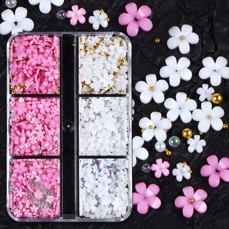 6 Grids Flower Nail Art Charms Light Change Color 3D Floral Nail Flakes Stickers with Pearls and Sliver Beads Acrylic Nails for Women Kids Girls Nail Decorations Jewelry Manicure Tips - Image 4