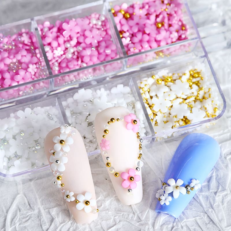 6 Grids Flower Nail Art Charms Light Change Color 3D Floral Nail Flakes Stickers with Pearls and Sliver Beads Acrylic Nails for Women Kids Girls Nail Decorations Jewelry Manicure Tips - Image 5