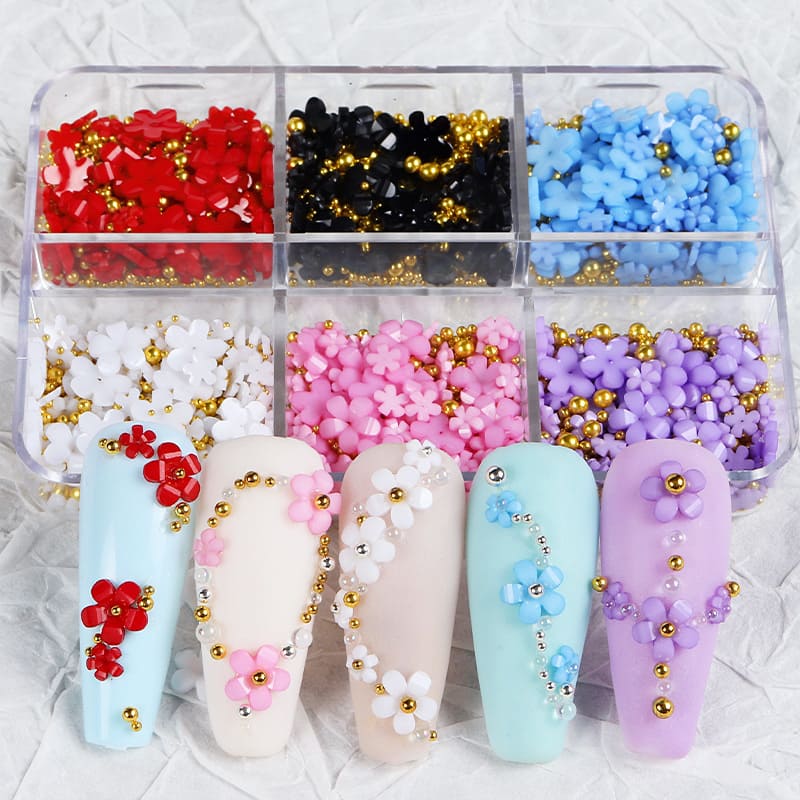 6 Grids Flower Nail Art Charms Light Change Color 3D Floral Nail Flakes Stickers with Pearls and Sliver Beads Acrylic Nails for Women Kids Girls Nail Decorations Jewelry Manicure Tips - Image 6