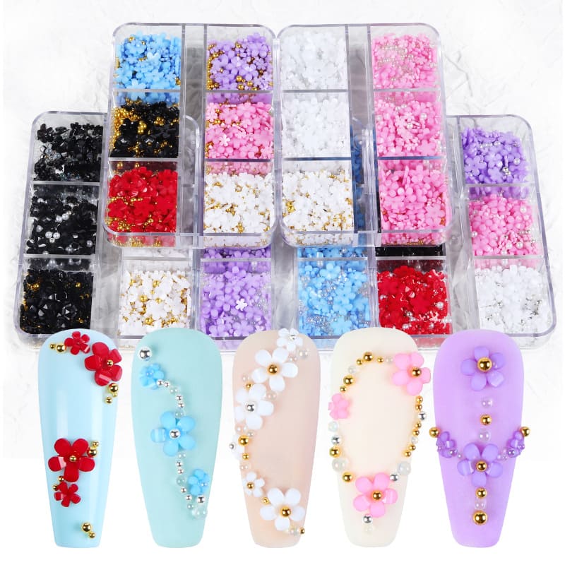 6 Grids Flower Nail Art Charms Light Change Color 3D Floral Nail Flakes Stickers with Pearls and Sliver Beads Acrylic Nails for Women Kids Girls Nail Decorations Jewelry Manicure Tips - Image 7