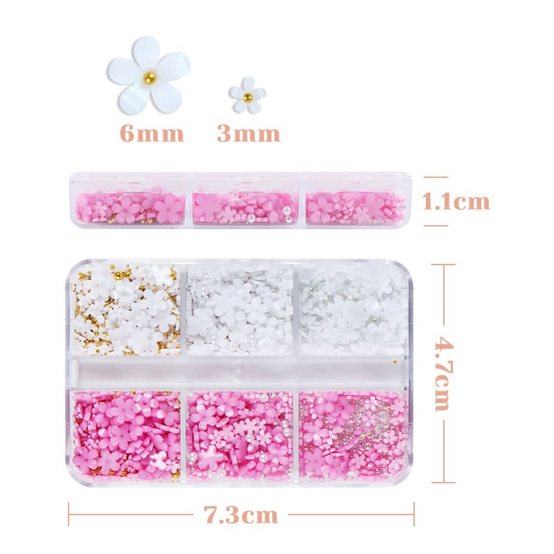6 Grids Flower Nail Art Charms Light Change Color 3D Floral Nail Flakes Stickers with Pearls and Sliver Beads Acrylic Nails for Women Kids Girls Nail Decorations Jewelry Manicure Tips - Image 8
