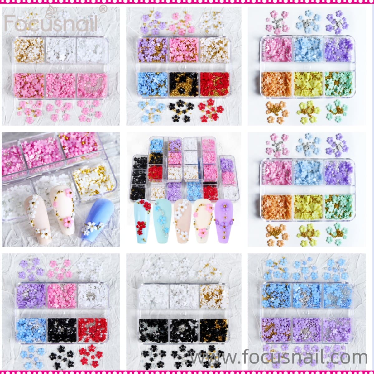 6 Grids Flower Nail Art Charms Light Change Color 3D Floral Nail Flakes Stickers with Pearls and Sliver Beads Acrylic Nails for Women Kids Girls Nail Decorations Jewelry Manicure Tips