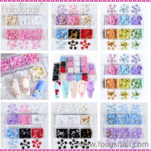 6 Grids Flower Nail Art Charms Light Change Color 3D Floral Nail Flakes Stickers with Pearls and Sliver Beads Acrylic Nails for Women Kids Girls Nail Decorations Jewelry Manicure Tips