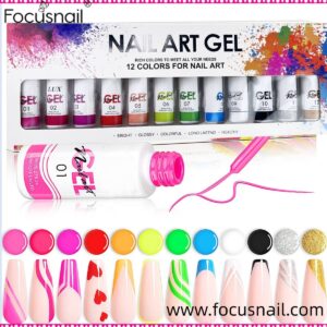 Nail Polish Set, 12 Colors Neon Pink Yellow Green Glitter Silver Gold Nail Art Painting Manicure Tools DIY Drawing Nail Gel for Line UV LED Required